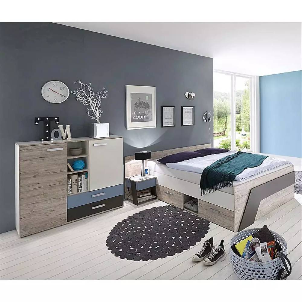 Lomadox Jugendzimmer Set mit Bett 140x200 cm und Kommode 3-teilig LEEDS-10 in Sandeiche Nb. mit weiß, Lava und Denim Blau