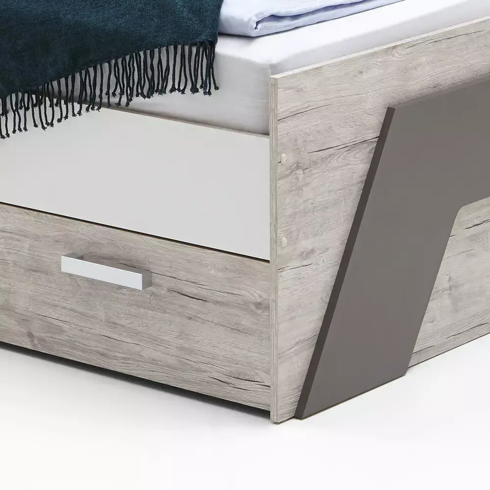 Lomadox Jugendzimmer Set mit Bett 140x200 cm und Kommode 3-teilig LEEDS-10 in Sandeiche Nb. mit weiß, Lava und Denim Blau Osterangebot