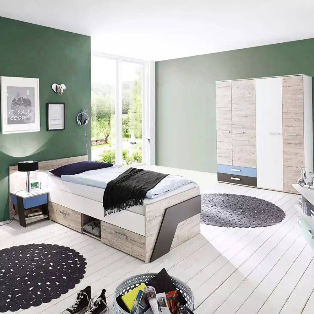 Lomadox Kinderzimmer Set Komplett Sandeiche Nb. mit weiß, Lava 3-teilig LEEDS-10 und Denim Blau