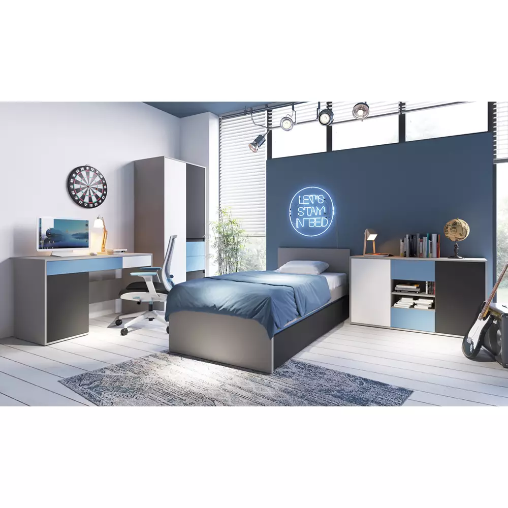 Lomadox Jugendzimmer Bettgestell 90x200 cm LIIVA-129 in grau mit weiß, blau, B/H/T: ca. 96/80,5/206,1 cm Neueste Mode