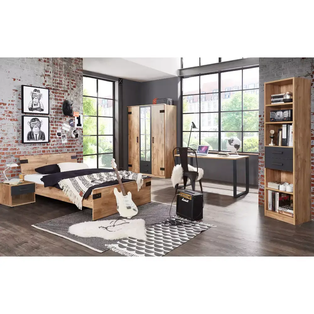 Lomadox Jugendzimmer mit Bett 120cm EVERTON-43 Nachtkonsole Schreibtisch Regal und Kleiderschrank 135cm