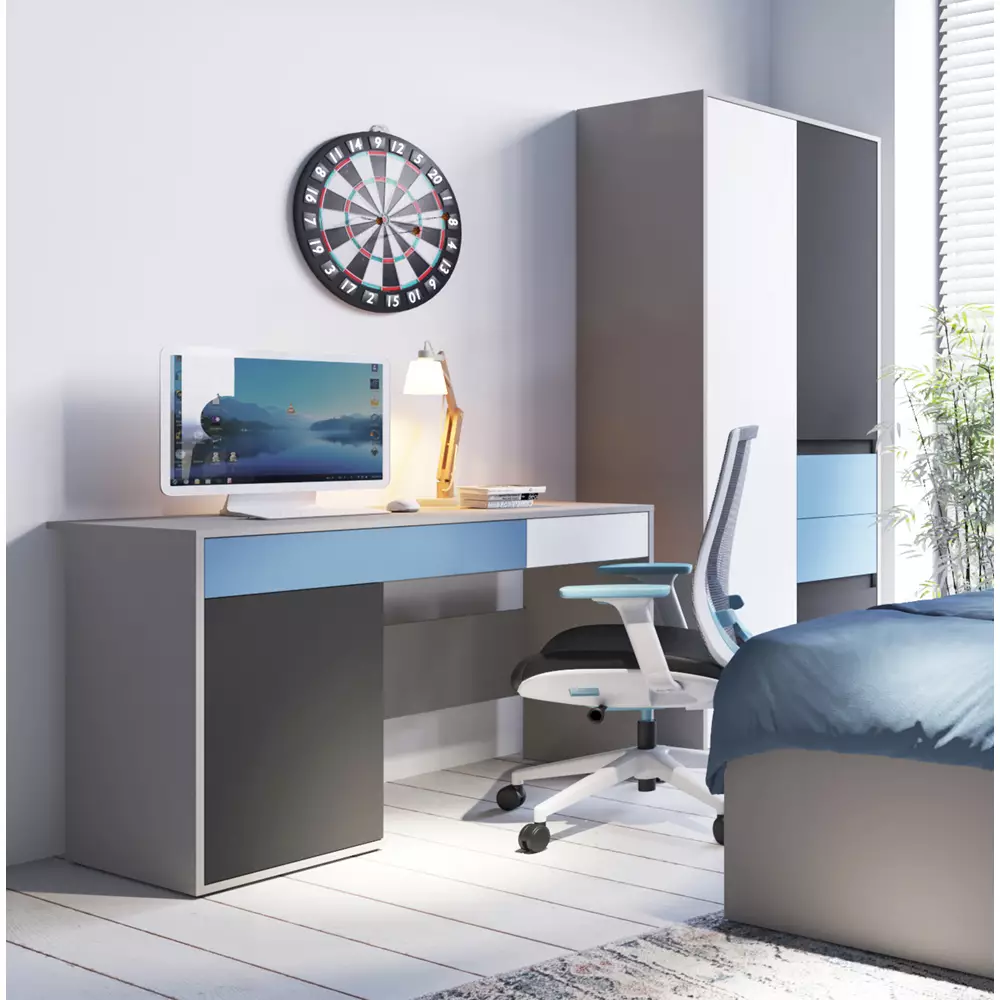 Lomadox Jugendzimmer Schreibtisch LIIVA-129 in grau mit schwarz, weiß, blau, B/H/T: ca. 124,4/76/60,1 cm Blitzangebot