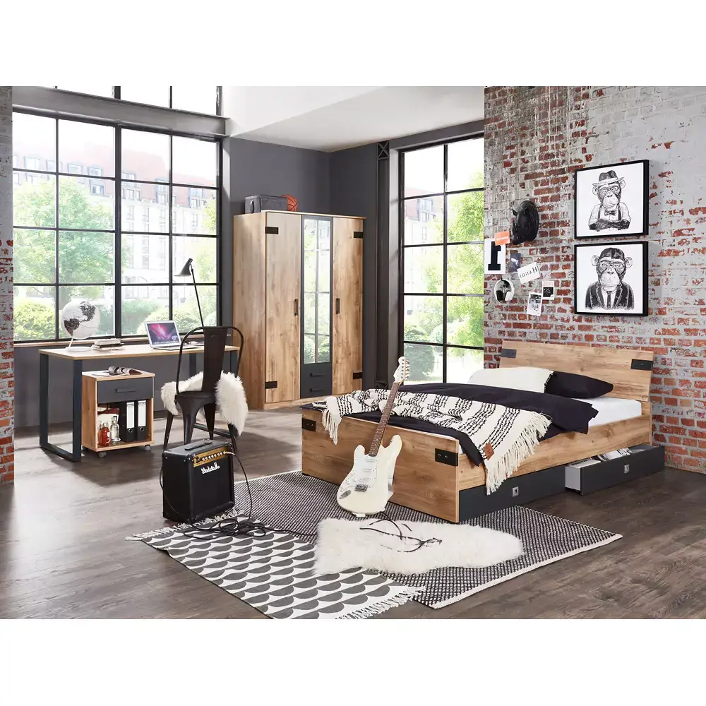 Lomadox Jugendzimmer Set 6-teilig mit Bett 140cm 2 Bettschubkästen Kleiderschrank EVERTON-43 Schreibtisch mit Rollcontainer