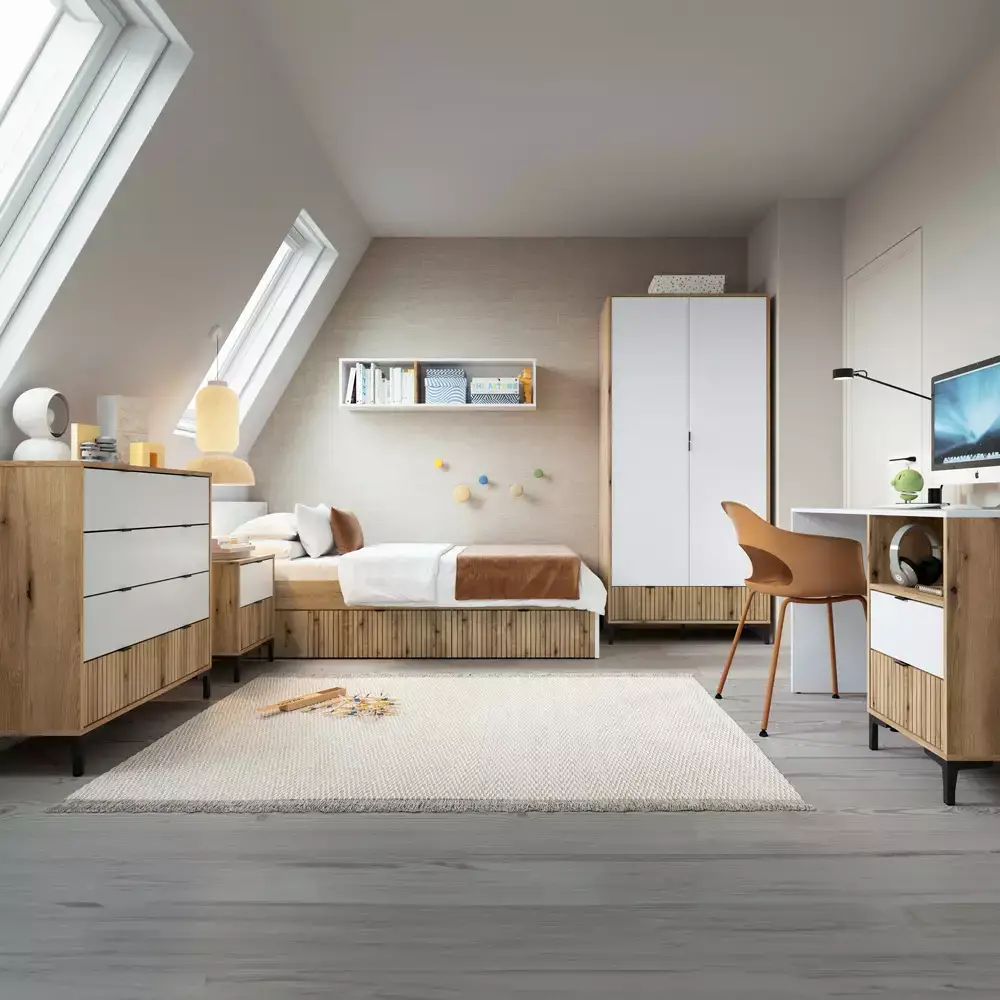 Lomadox Kleiderschrank Eiche mit weiß und Lamellenoptik RISBY-129 Saisonale Angebote