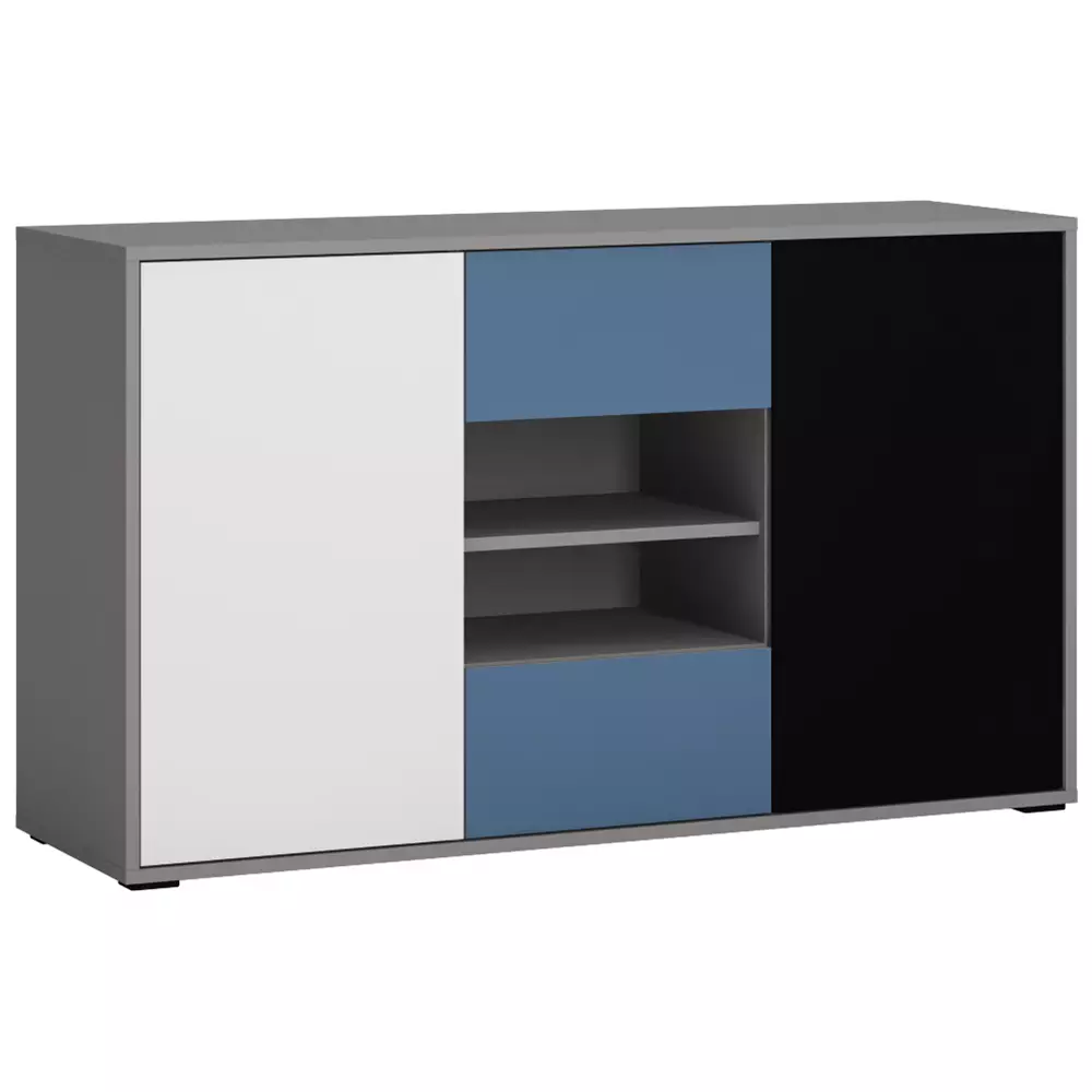Lomadox Sideboard Kommode Jugendzimmer LIIVA-129 in grau mit schwarz, weiß, blau, B/H/T: ca. 125,7/74,2/40 cm