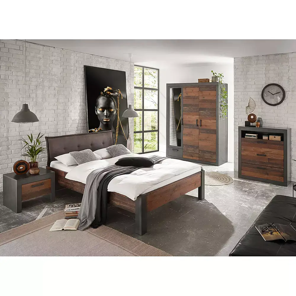 Lomadox Schlafzimmer Kombi BERLIN-S-61 4-tlg. Liegefläche 140x200 cm, Industrial Stil, in Matera anthrazit/grau mit Old Mix Dekor