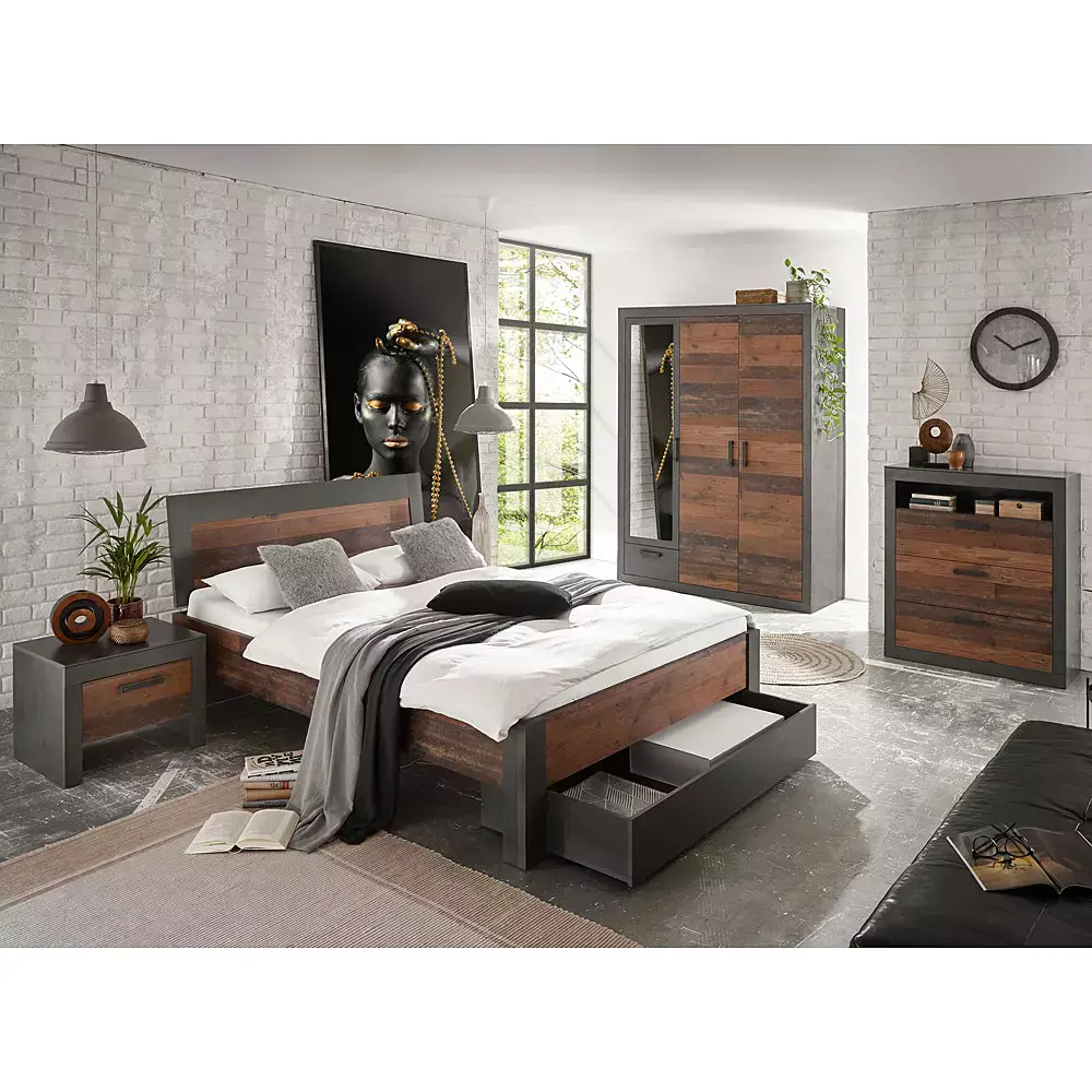 Lomadox Schlafzimmer Komplett Set BERLIN-S-61 im Industrial Look, Matera anthrazit/grau mit Old Mix Dekor