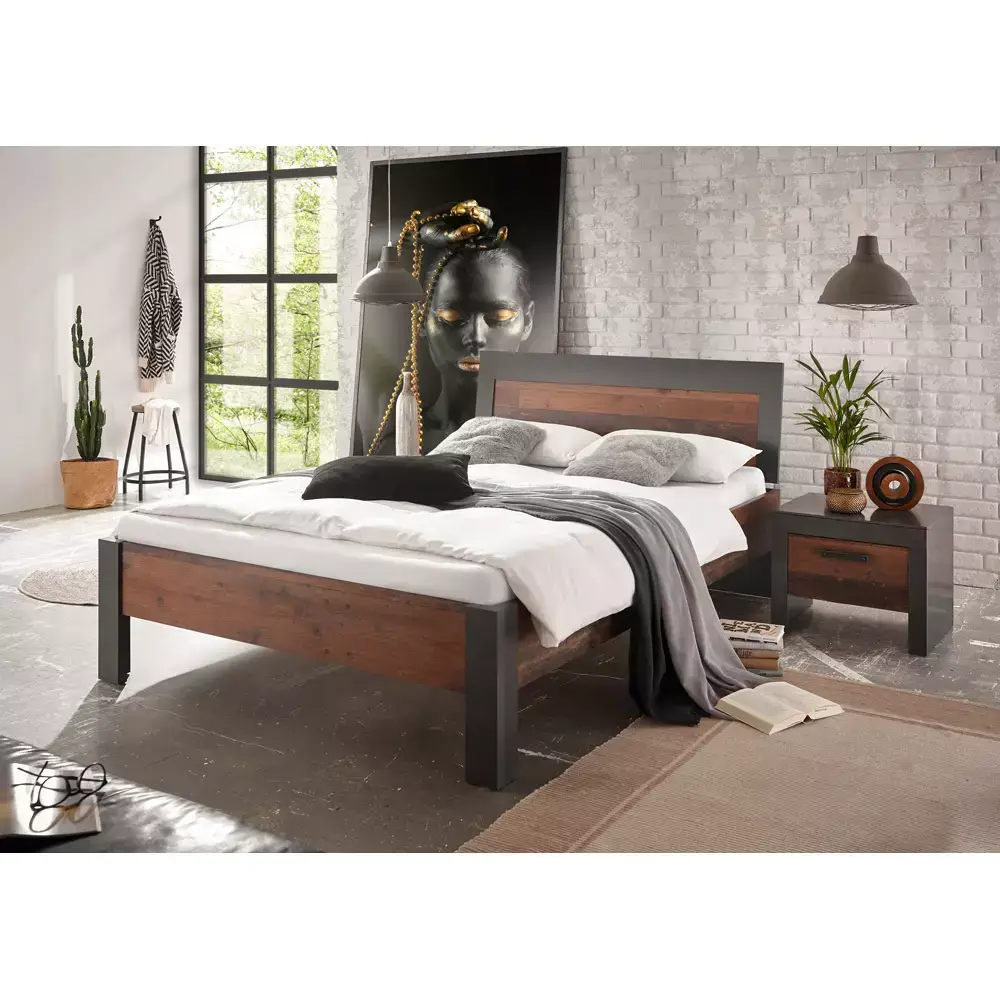 Lomadox Schlafzimmer Set Industrial Look BERLIN-S-61 Liegefläche 140x200 cm, in Old Mix Dekor mit Matera anthrazit/grau, BxHxT ca. 211x45x205 cm
