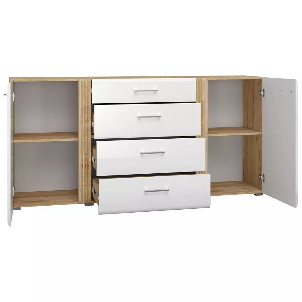 Lomadox Anrichte Sideboard 190 cm in Eiche Castello Nb. mit weiß Hochglanz AKRON-131 hochwertige MDF Fronten mit filigraner Fräsung, B/H/T: ca. 190/90/42 cm Begrenzte Freigabe