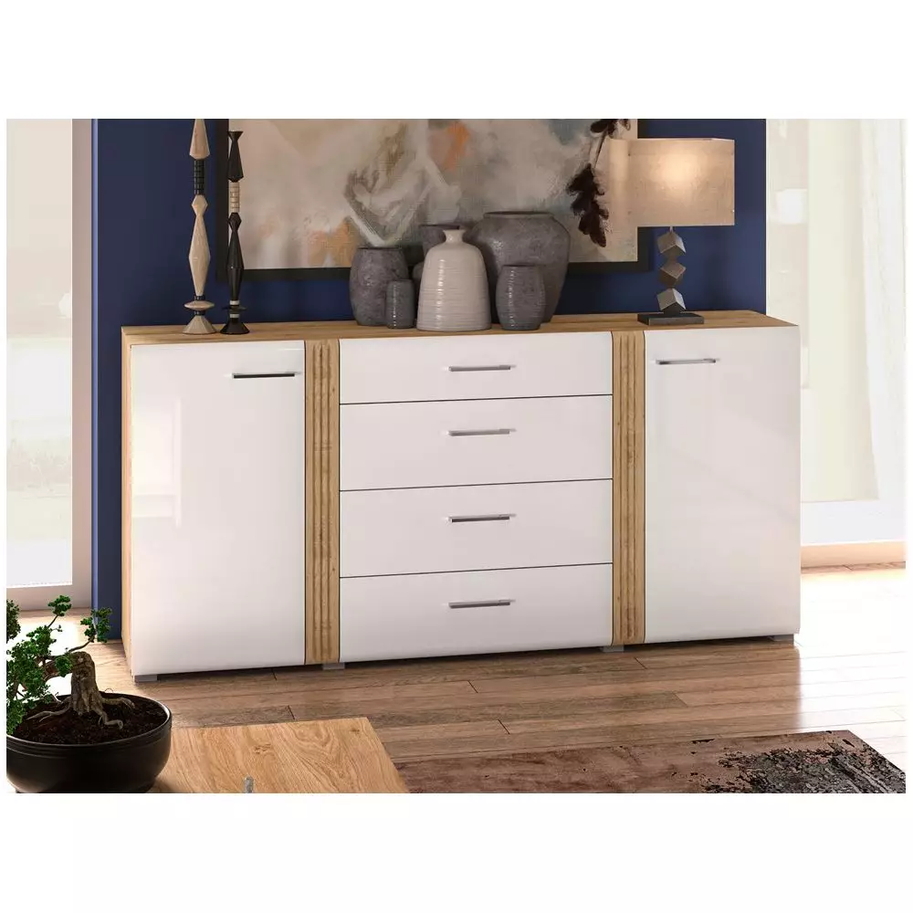 Lomadox Anrichte Sideboard 190 cm in Eiche Castello Nb. mit weiß Hochglanz AKRON-131 hochwertige MDF Fronten mit filigraner Fräsung, B/H/T: ca. 190/90/42 cm Begrenzte Freigabe