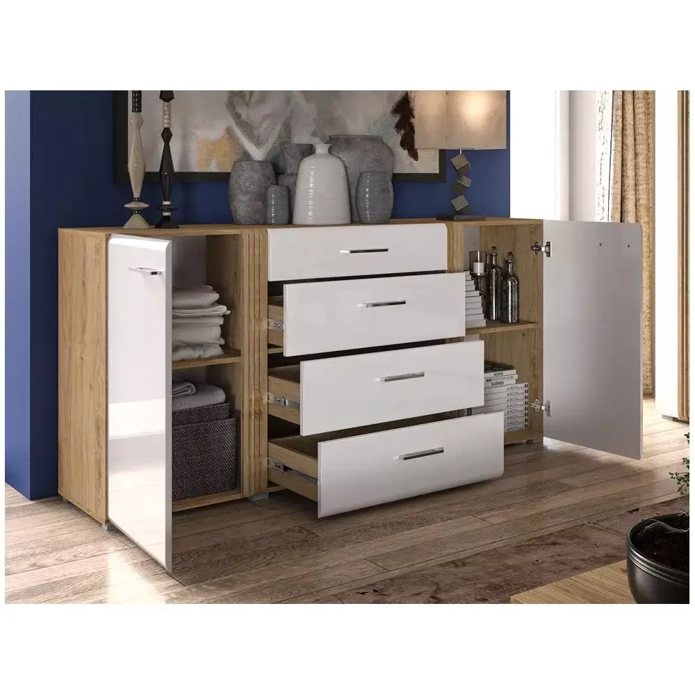 Lomadox Anrichte Sideboard 190 cm in Eiche Castello Nb. mit weiß Hochglanz AKRON-131 hochwertige MDF Fronten mit filigraner Fräsung, B/H/T: ca. 190/90/42 cm Begrenzte Freigabe