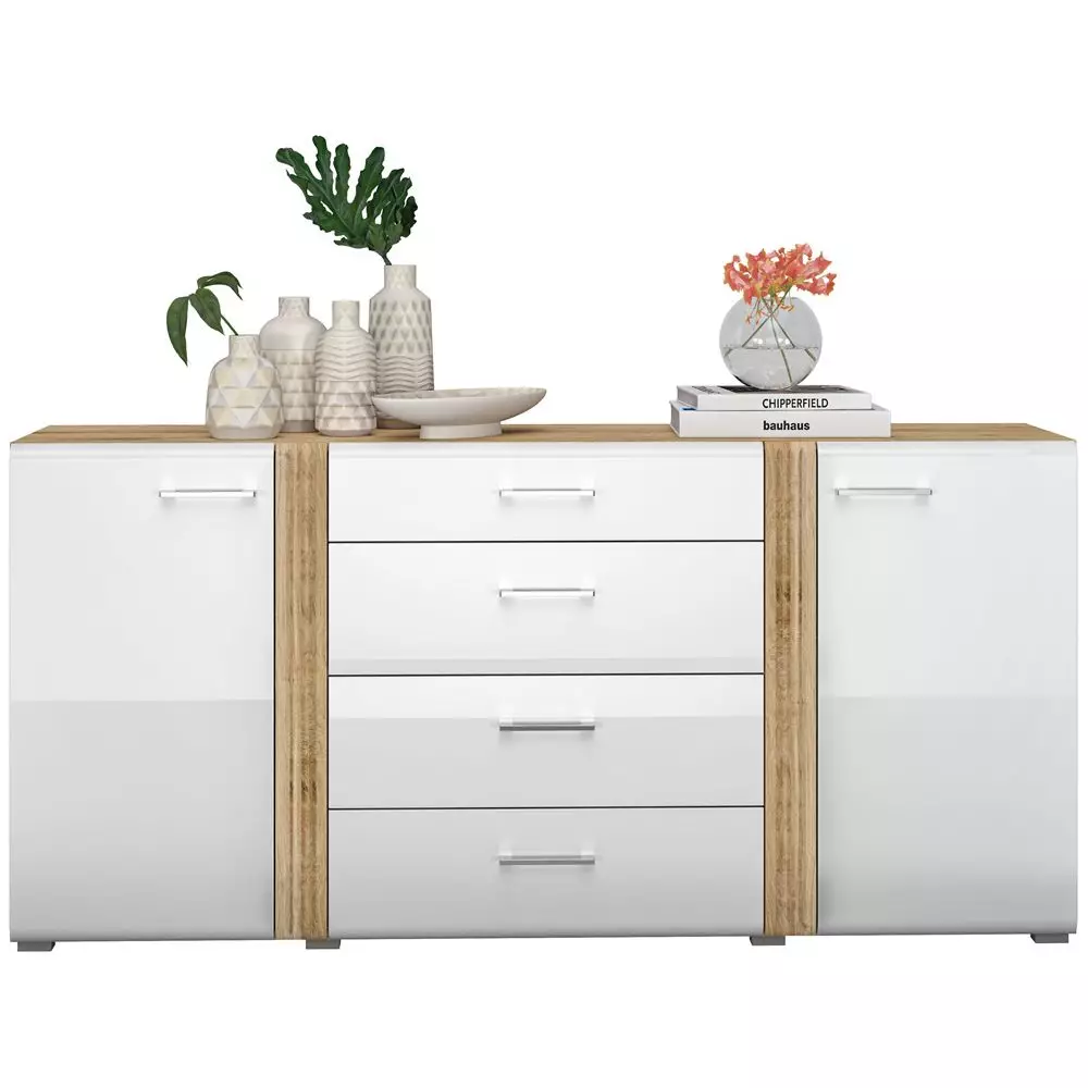 Lomadox Anrichte Sideboard 190 cm in Eiche Castello Nb. mit weiß Hochglanz AKRON-131 hochwertige MDF Fronten mit filigraner Fräsung, B/H/T: ca. 190/90/42 cm Begrenzte Freigabe