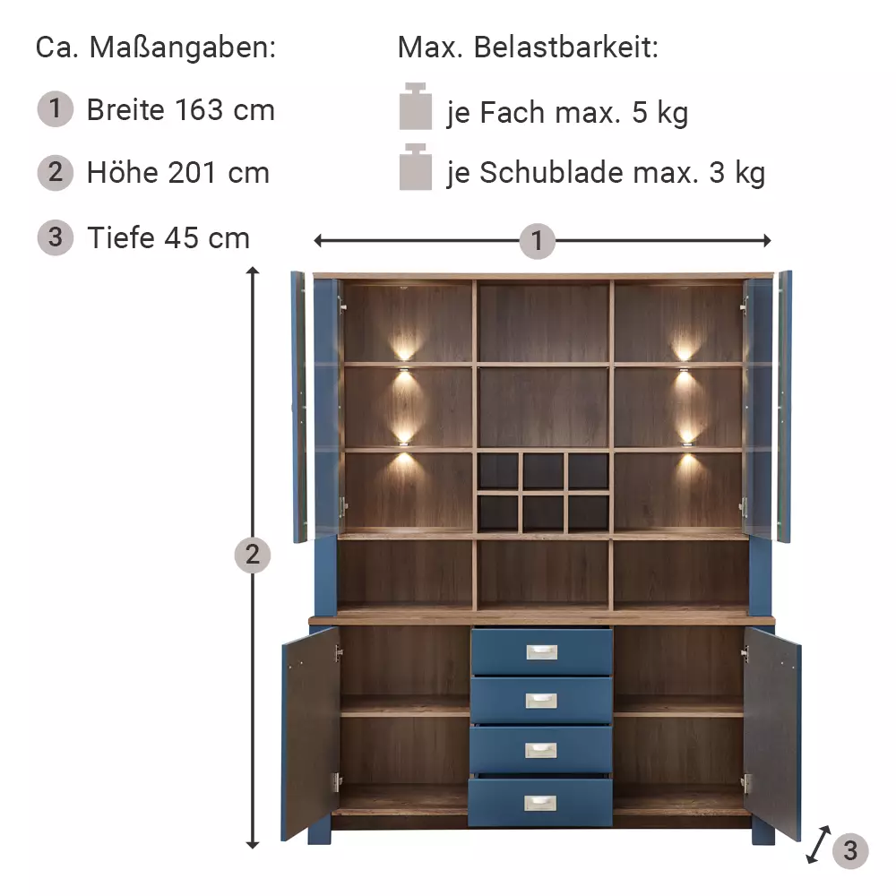 Lomadox Buffetschrank Landhaus in blau DEVON-36 mit Details in Eiche Nb., inkl. LED Beleuchtung, B/H/T: ca. 163/201/45 cm Begrenzt auf 3 Tage