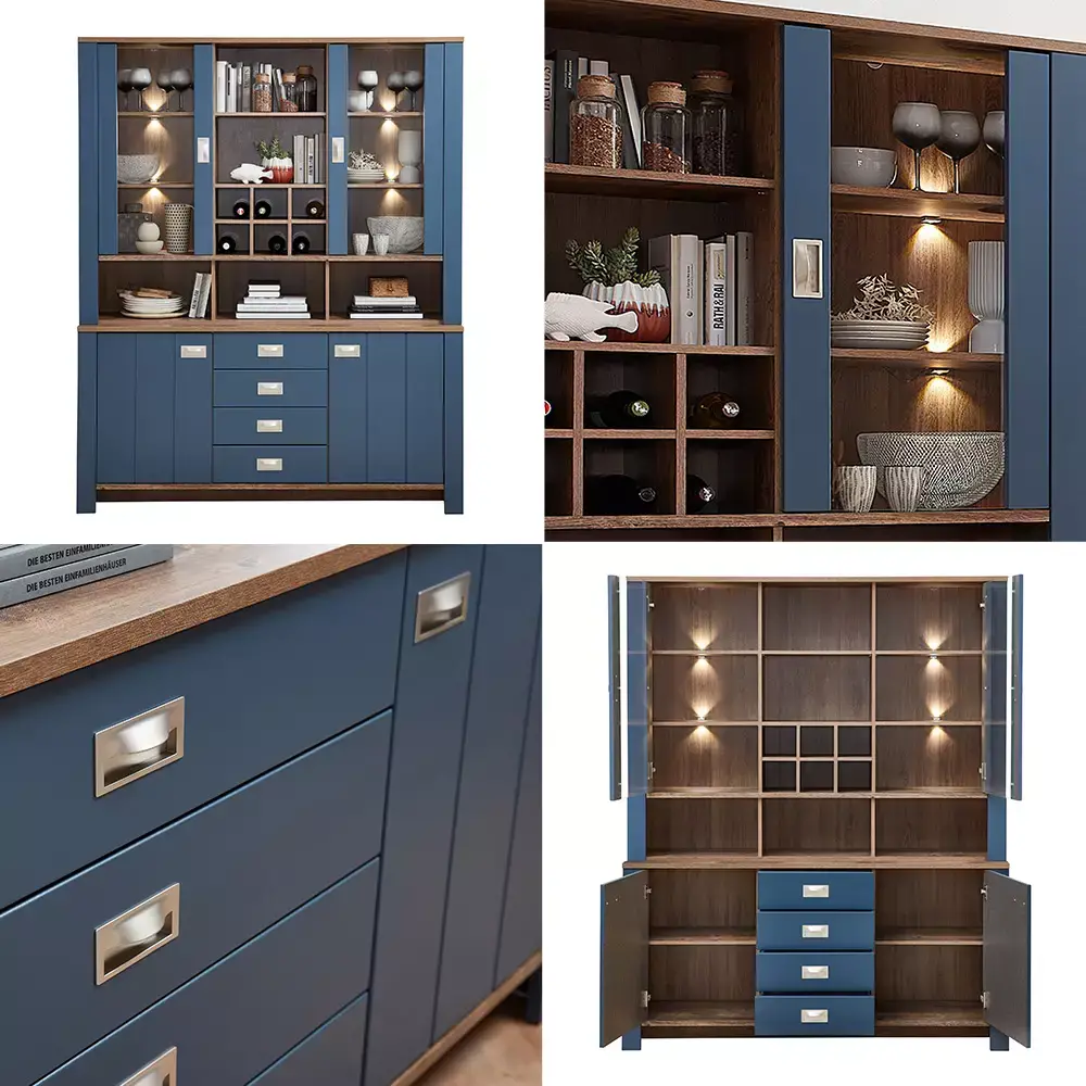 Lomadox Buffetschrank Landhaus in blau DEVON-36 mit Details in Eiche Nb., inkl. LED Beleuchtung, B/H/T: ca. 163/201/45 cm Begrenzt auf 3 Tage