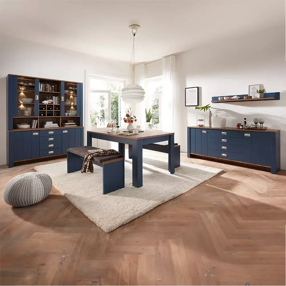 Lomadox Buffetschrank Landhaus in blau DEVON-36 mit Details in Eiche Nb., inkl. LED Beleuchtung, B/H/T: ca. 163/201/45 cm Begrenzt auf 3 Tage