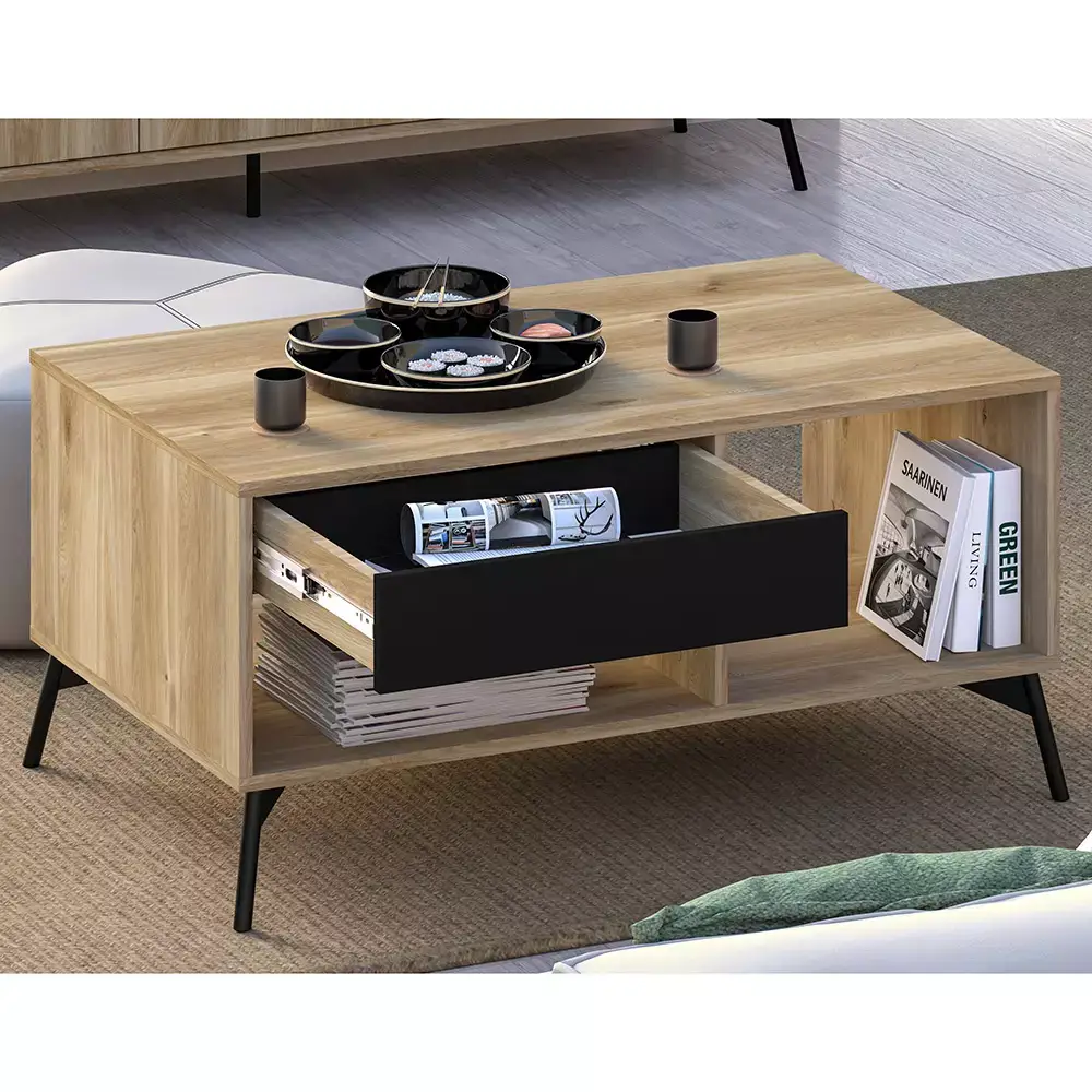 Lomadox Couchtisch 100 cm mit Schublade ARONA-131 in Castello Eiche Nb. mit schwarz, B/H/T: ca. 100/47,5/60 cm Im Verkauf