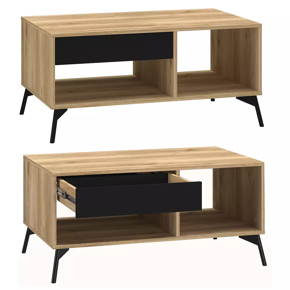 Lomadox Couchtisch 100 cm mit Schublade ARONA-131 in Castello Eiche Nb. mit schwarz, B/H/T: ca. 100/47,5/60 cm Im Verkauf