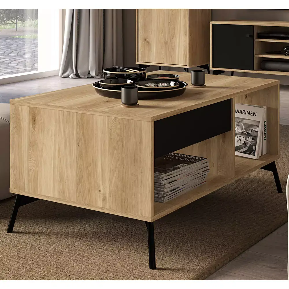 Lomadox Couchtisch 100 cm mit Schublade ARONA-131 in Castello Eiche Nb. mit schwarz, B/H/T: ca. 100/47,5/60 cm Im Verkauf