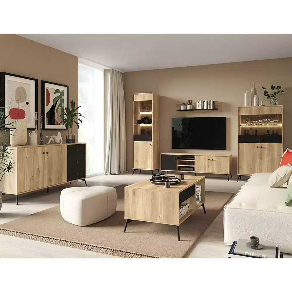 Lomadox Couchtisch 100 cm mit Schublade ARONA-131 in Castello Eiche Nb. mit schwarz, B/H/T: ca. 100/47,5/60 cm Im Verkauf