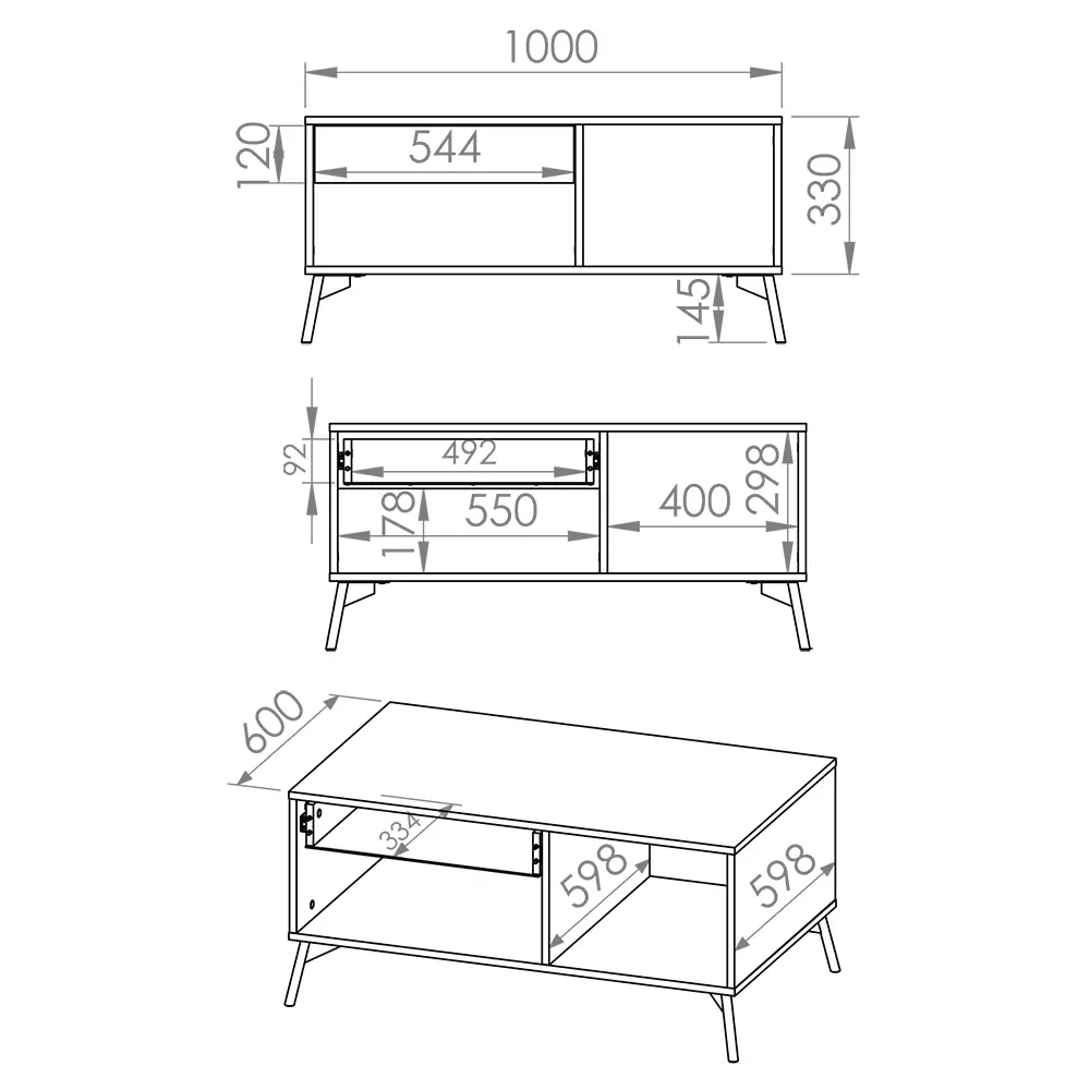Lomadox Couchtisch 100 cm mit Schublade ARONA-131 in Castello Eiche Nb. mit schwarz, B/H/T: ca. 100/47,5/60 cm Im Verkauf