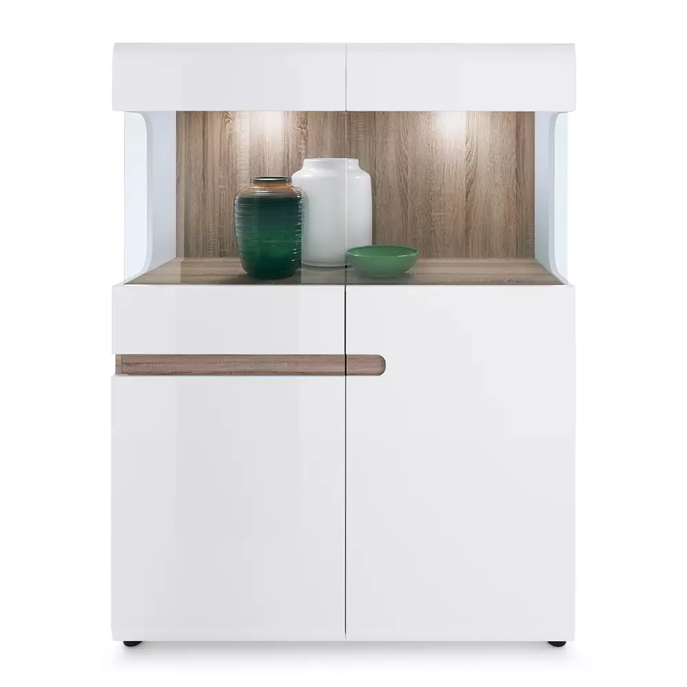 Lomadox Ess-/Wohnzimmer Highboard mit Beleuchtung in weiß Hochglanz mit Trüffel Eiche Nb. LEGNICA-129, B/H/T ca. 109,5/143,5/42 cm Rabatte dieses Monats