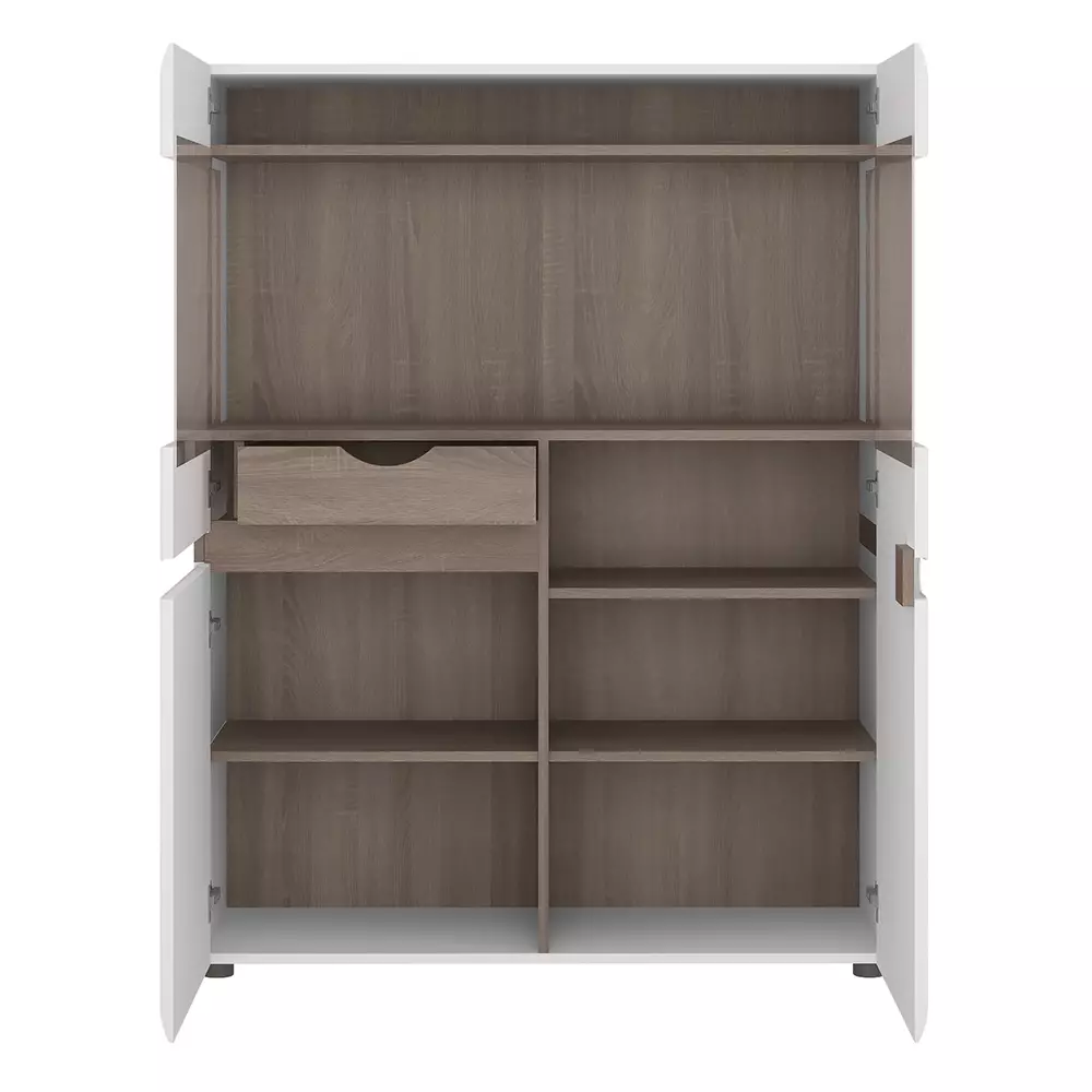 Lomadox Ess-/Wohnzimmer Highboard weiß Hochglanz mit Trüffel Eiche Nb. LEGNICA-129, B/H/T ca. 109,5/143,5/42 cm 2025