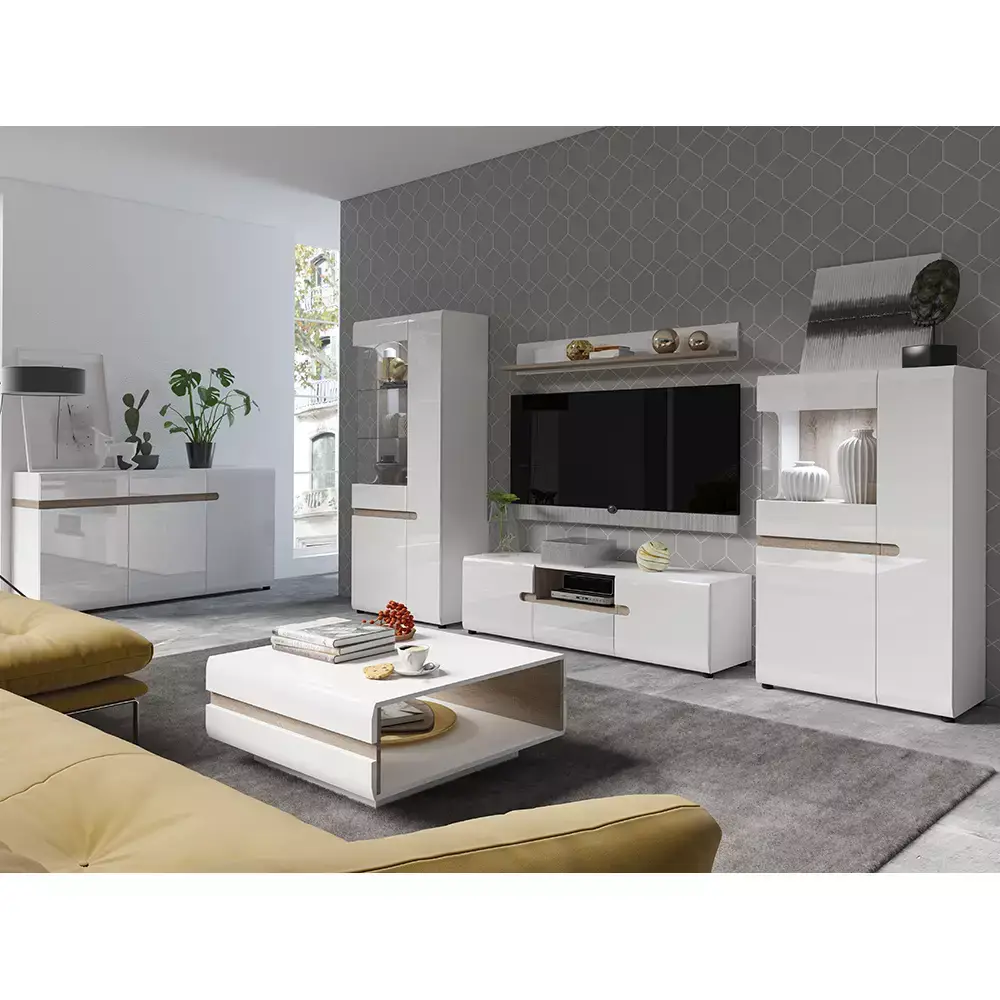 Lomadox Ess-/Wohnzimmer Highboard weiß Hochglanz mit Trüffel Eiche Nb. LEGNICA-129, B/H/T ca. 109,5/143,5/42 cm 2025