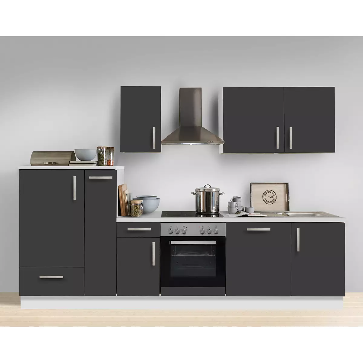 Lomadox Komplettküche Premium Schiefer grau 300cm MANCHESTER-87 inklusive E-Geräte, Geschirrspüler und Apothekerschrank 300cm Schlussverkauf