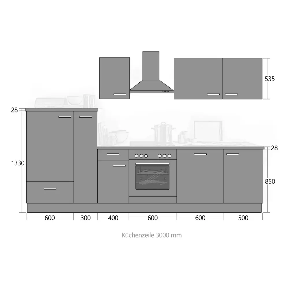 Lomadox Komplettküche Premium Schiefer grau 300cm MANCHESTER-87 inklusive E-Geräte, Geschirrspüler und Apothekerschrank 300cm Schlussverkauf