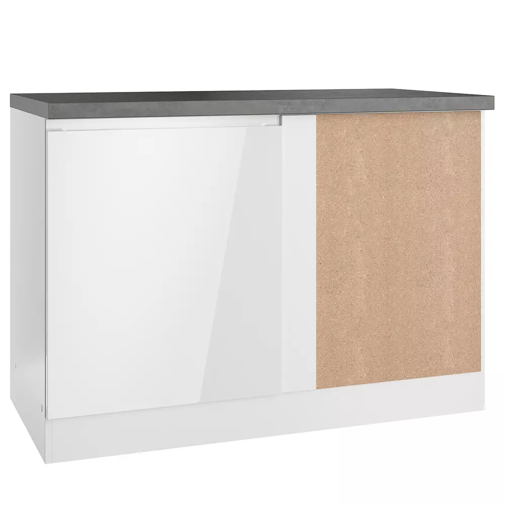 Lomadox Eckunterschrank 120 cm in Hochglanz weiß, Arbeitsplatte Betonoptik MARSEILLE-03 Fabrikpreis
