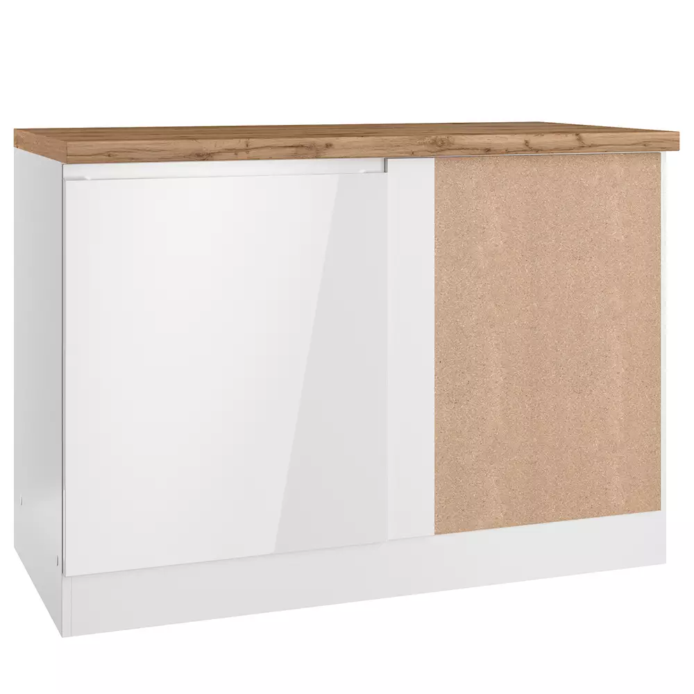 Lomadox Eckunterschrank 120 cm in Hochglanz weiß, Arbeitsplatte Eiche MARSEILLE-03