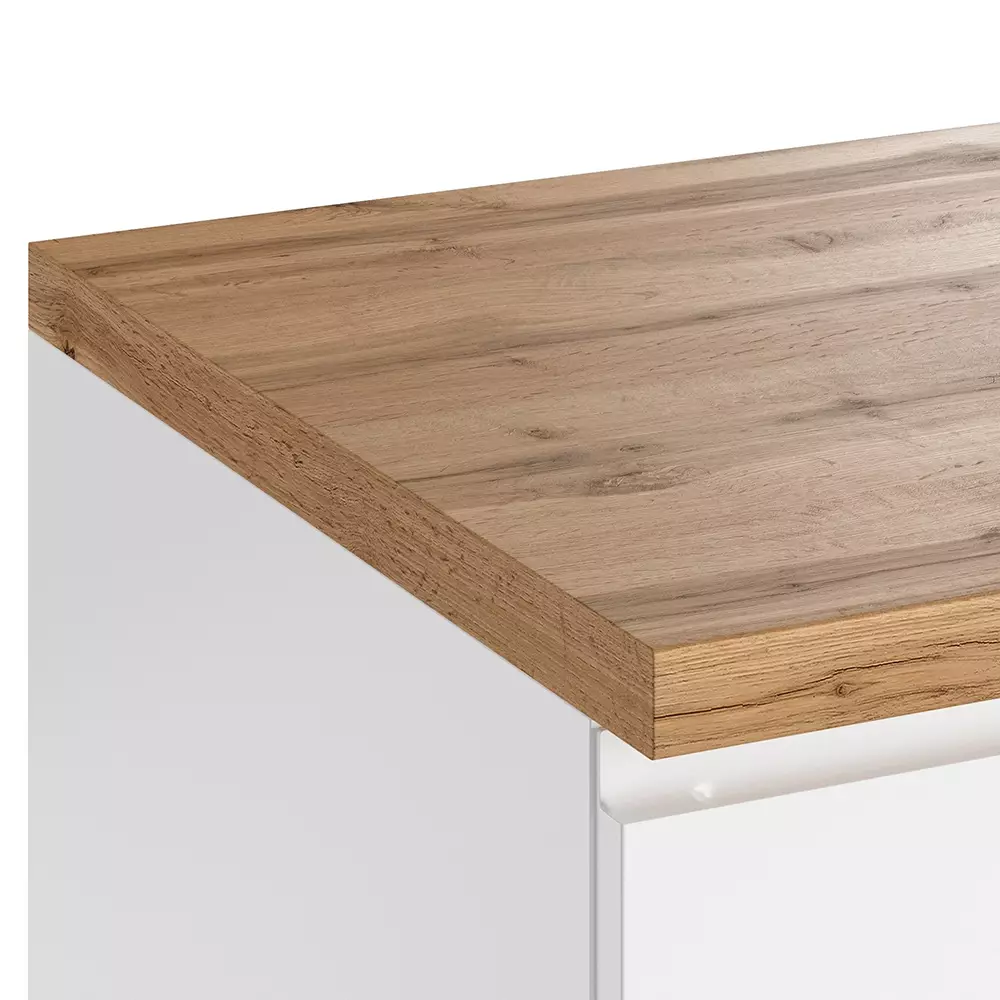 Lomadox Eckunterschrank 120 cm in Hochglanz weiß, Arbeitsplatte Eiche MARSEILLE-03 Sonderangebot