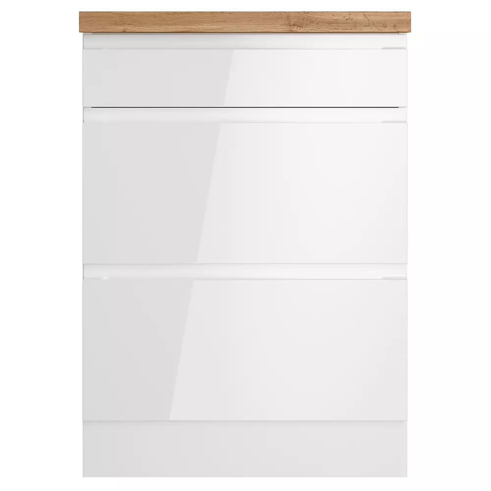 Lomadox Kochfeldumbauschrank 60 cm in Hochglanz weiß, Arbeitsplatte Eiche MARSEILLE-03 Top Angebot