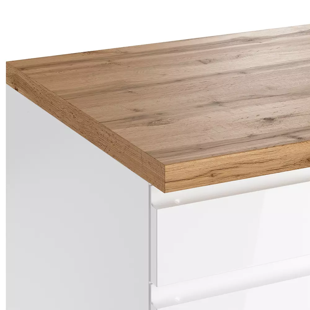 Lomadox Kochfeldumbauschrank 60 cm in Hochglanz weiß, Arbeitsplatte Eiche MARSEILLE-03 Top Angebot
