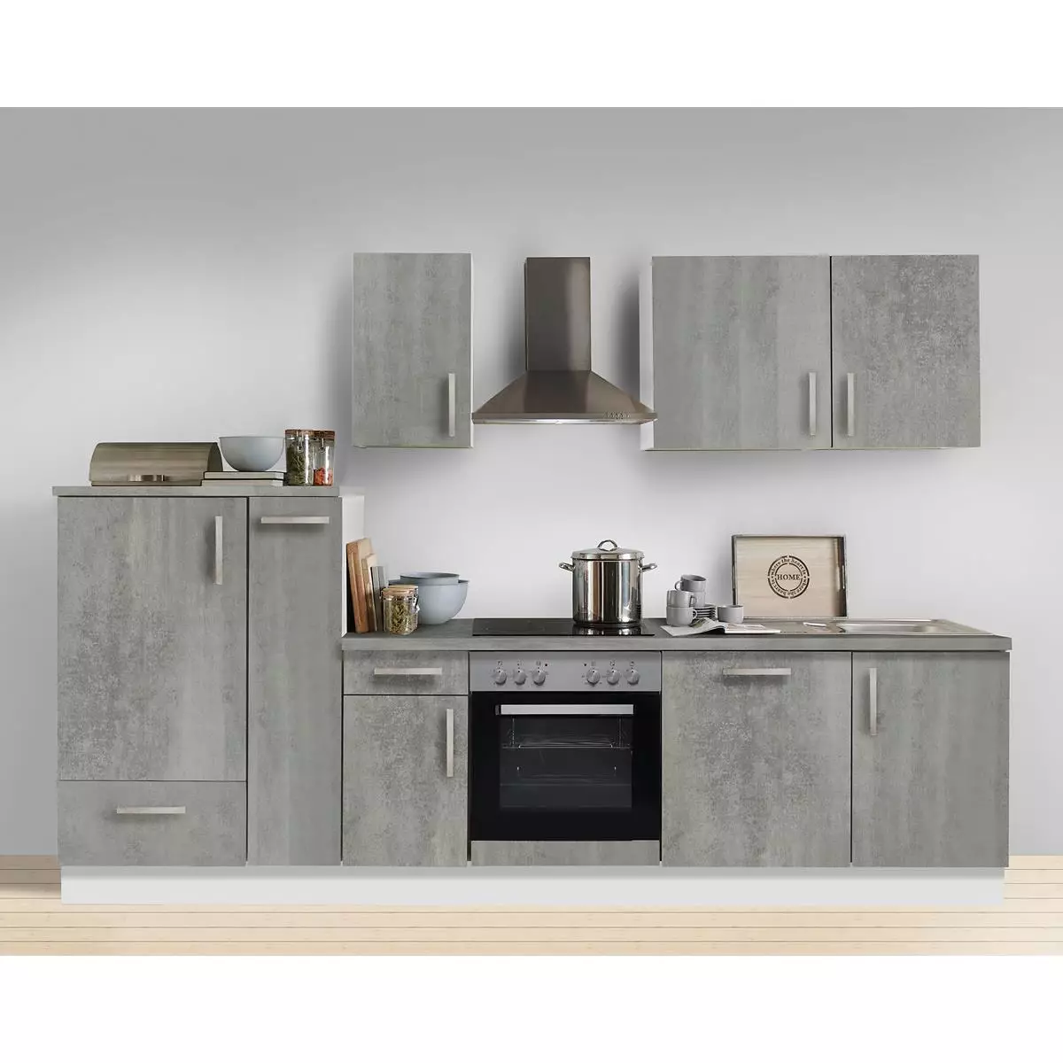 Lomadox Komplettküche Premium Beton MANCHESTER-87 inklusive E-Geräte, Geschirrspüler und Apothekerschrank 300cm