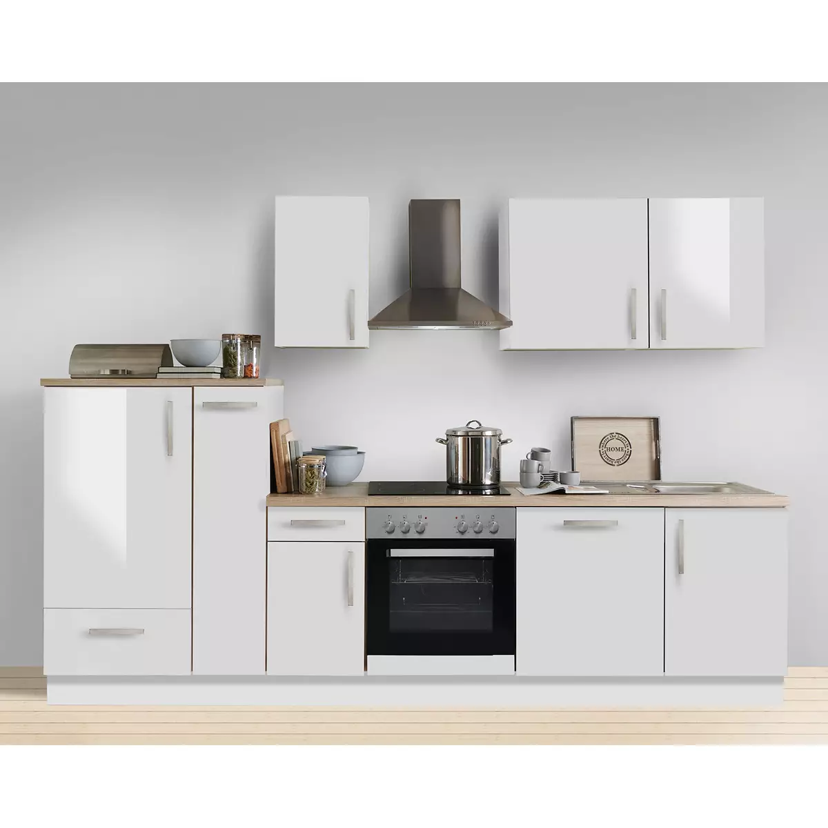 Lomadox Komplettküche Premium weiss Hochglanz MANCHESTER-87 inklusive E-Geräte, Geschirrspüler und Apothekerschrank 300cm