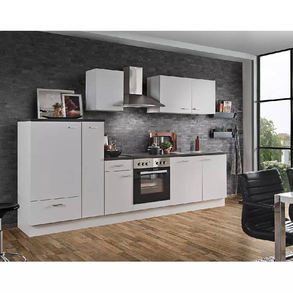 Lomadox Komplettküche White Classic LIVERPOOL-87 inklusive E-Geräte, Geschirrspüler und Apothekerschrank 300cm