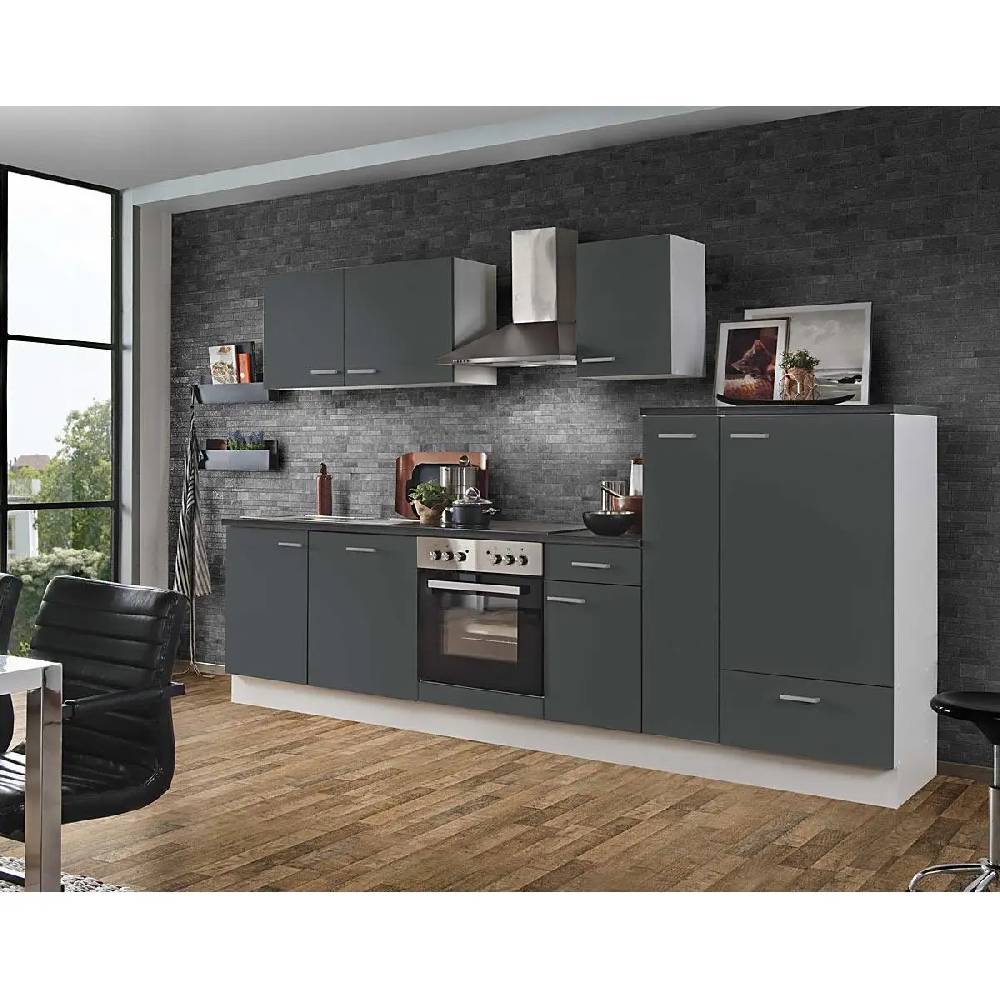 Lomadox Komplettküche White Graphit 300cm LIVERPOOL-87 inklusive E-Geräte, Geschirrspüler und Apothekerschrank 300cm