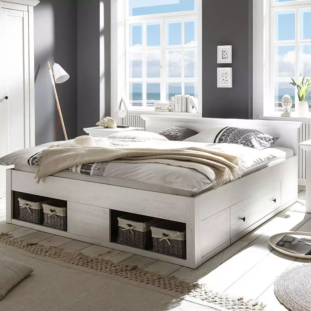 Lomadox Doppelbett Ehebett inkl. 2x Bettschubkasten & 4 Körbe180x200cm WINGST-61 Pinie weiß B/H/T ca. 195x92x212cm Outlet