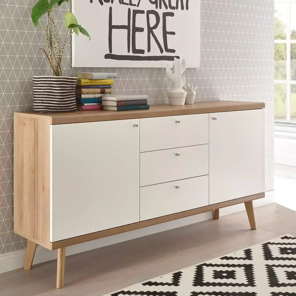 Lomadox Wohnzimmer Sideboard MAINZ-61 Retro skandinavisch weiß matt mit Eiche Riviera Nb. B/H/T ca. 160x83x40cm