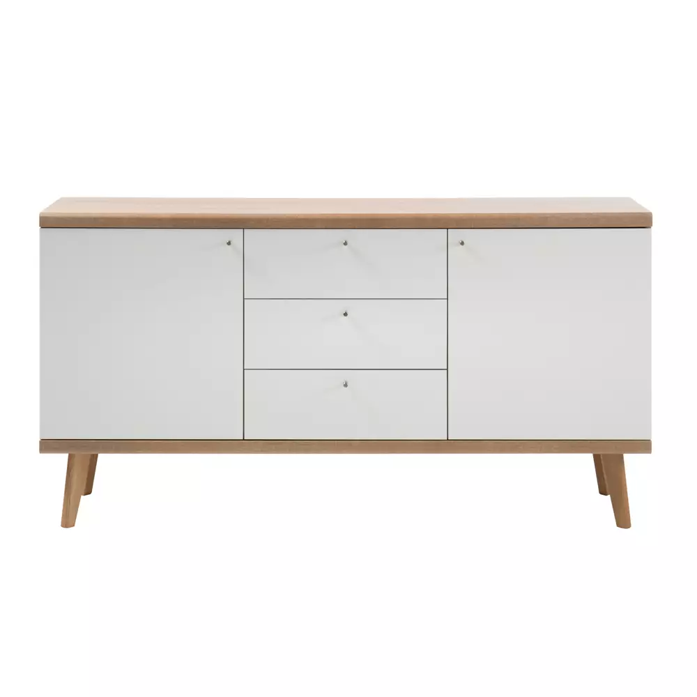 Lomadox Wohnzimmer Sideboard MAINZ-61 Retro skandinavisch weiß matt mit Eiche Riviera Nb. B/H/T ca. 160x83x40cm Auslauf