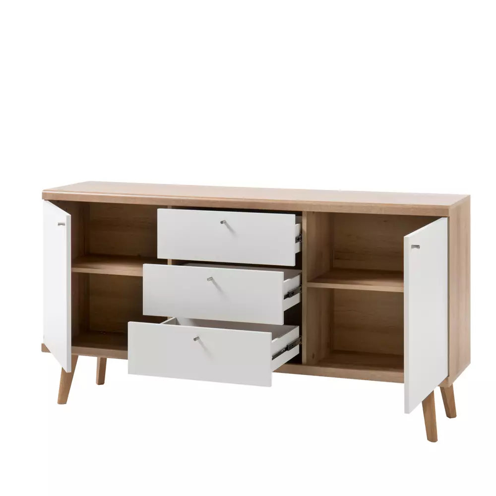 Lomadox Wohnzimmer Sideboard MAINZ-61 Retro skandinavisch weiß matt mit Eiche Riviera Nb. B/H/T ca. 160x83x40cm Auslauf