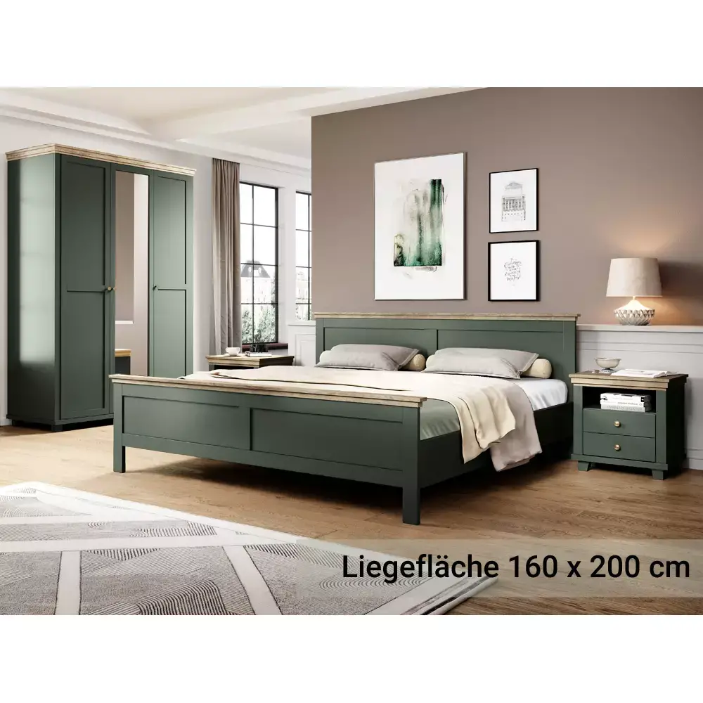 Lomadox Schlafzimmer Komplett Set EPSOM-83 Doppelbett Liegefläche 160 x 200 cm, in grün mit Lefkas Eiche Nb
