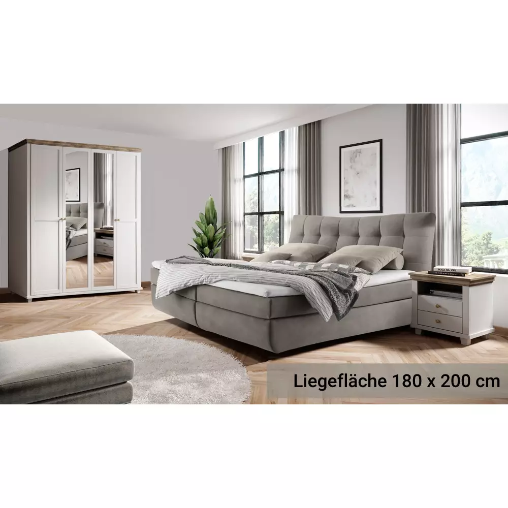 Lomadox Boxspringbett Liegefläche 180 x 200 cm inkl. Nachttische und Kleiderschrank EPSOM-83 Möbel in weiß Abisko Esche Nb. mit Lefkas Eiche Nb
