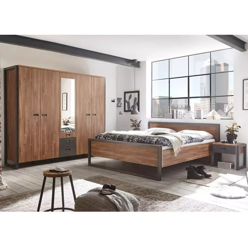 Lomadox Schlafzimmer DALLAS-61 im Industrial Stil Komplett-Set Dekor Stirling Oak Nb. und Matera Anthrazit B/H/T ca. 393x202x60-209cm