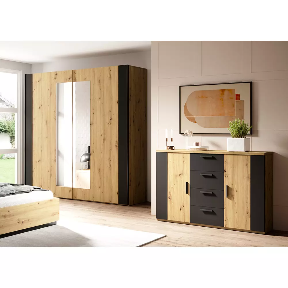 Lomadox Kleiderschrank mit Kommode SOLMS-83 in Artisan Eiche Nb. mit schwarz