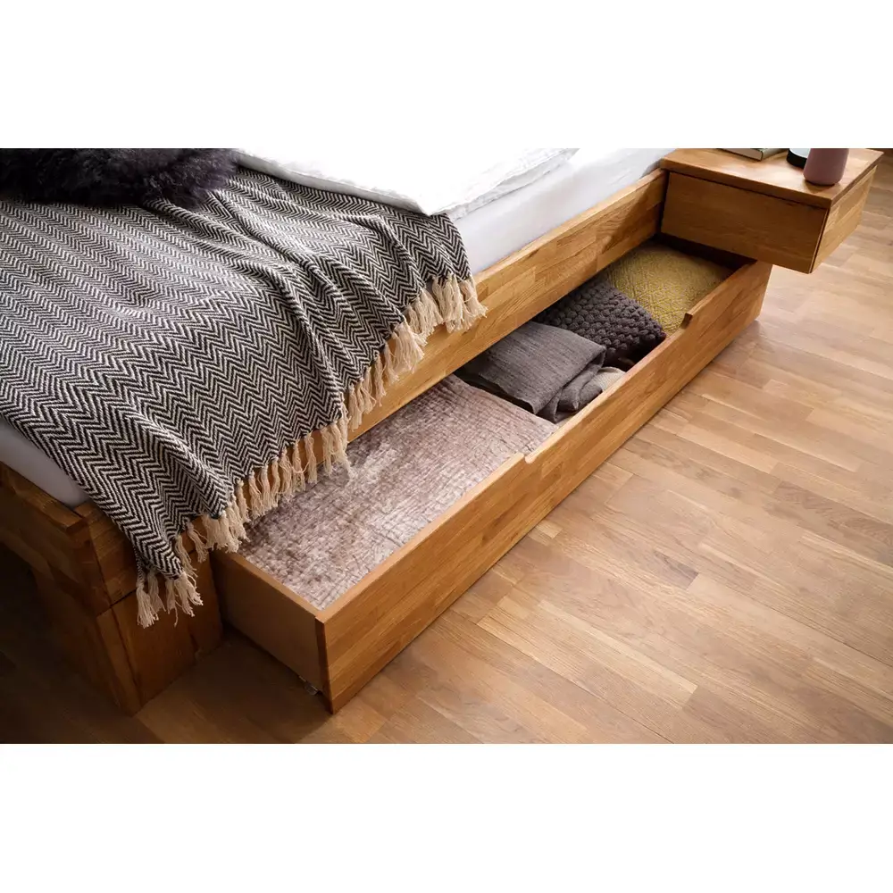 Lomadox 160x200 cm Massivholz Bettgestell mit Schwebe-Nachttischen und Bettschubkästen NORDDEICH-137 in Wildeiche massiv, B/H/T: ca. 252/88/213 cm Fabrikpreis