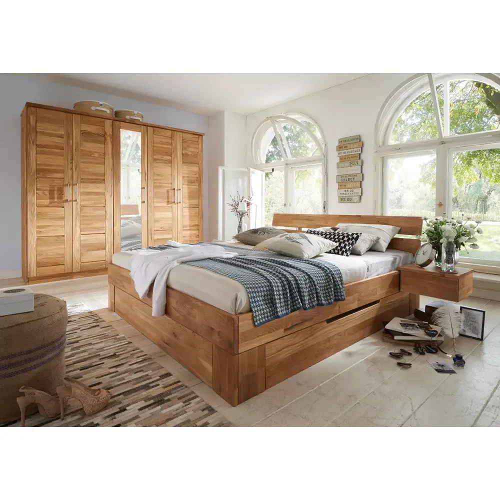 Lomadox 180x200 cm Bett Set mit 5-türigem Massivholz Kleiderschrank mit Spiegel NORDDEICH-137 in Wildeiche massiv