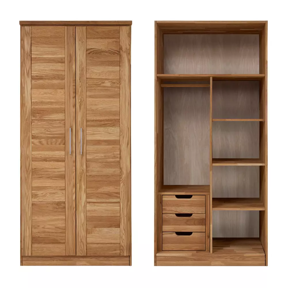 Lomadox 2-türiger Massivholz Kleiderschrank mit Kleiderstange, Einlegeböden und Schubkasteneinsatz NORDDEICH-137 in Wildeiche massiv, B/H/T: ca. 96/210/61 cm