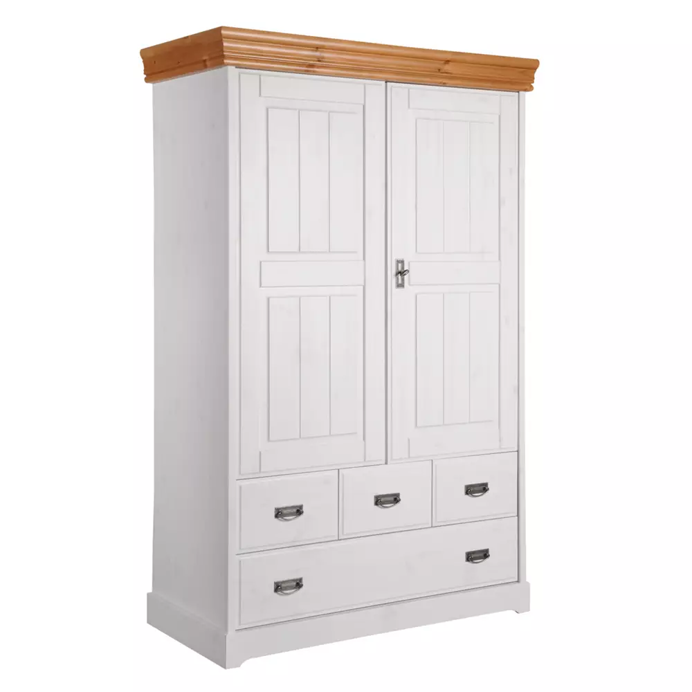 Lomadox 2-türiger Wäscheschrank SAVONA-69 in Kiefer massiv weiß mit honig, B/H/T: ca. 120/190/55 cm